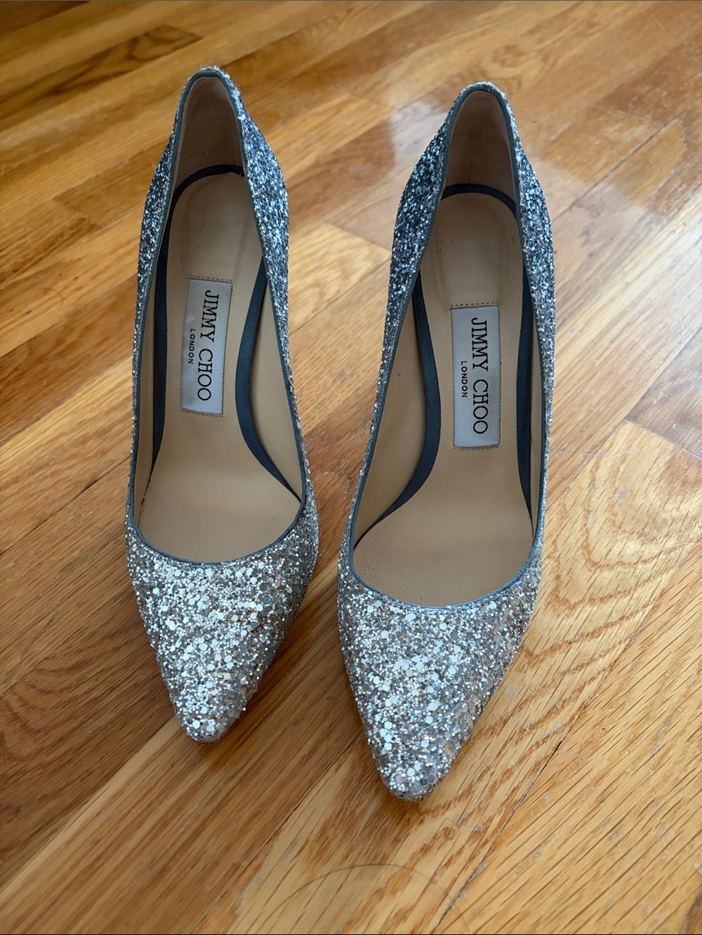 Jimmy Choo Romy Silver Glitter Pointed Toe Pumps